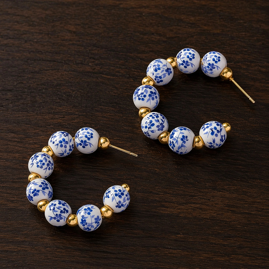 Blue & White Porcelain C-Shaped Earrings for Women – Elegant Alloy Jewelry with Stainless Steel Posts