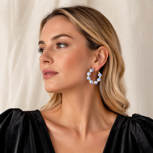 Blue & White Porcelain C-Shaped Earrings for Women – Elegant Alloy Jewelry with Stainless Steel Posts